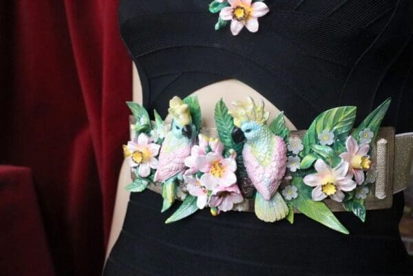 SOLD! 7598 Art Nouveau Hand Painted Pearlish Parrots Tropical Dona Anna Flowers Embellished Waist Gold Belt Size S, L, M - Image 7