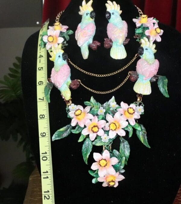 SOLD! 7599 Art Nouveau Pastel Parrots Dona Anna Cherry Blossom Flower Hand Painted Necklace - Image 2