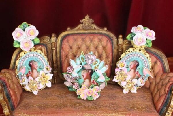 SOLD! 7532 Young Marie Antoinette Aqua Bird Roses Cameo Elegant Earrings - Image 2