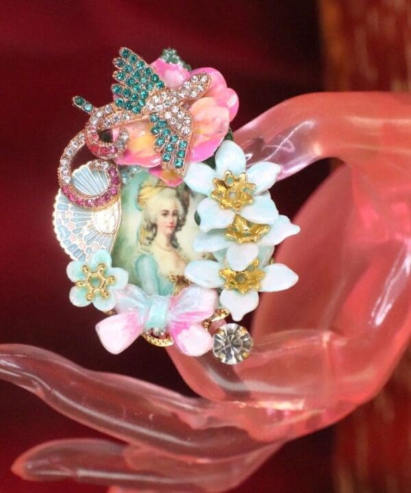 SOLD! 7602 Young Marie Antoinette Hand Painted Bird Aqua Cocktail Adjustable Ring