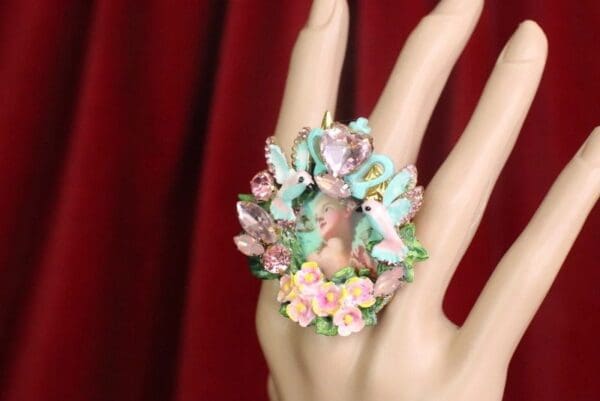 SOLD! 7602 Young Marie Antoinette Hand Painted Bird Aqua Cocktail Adjustable Ring - Image 6