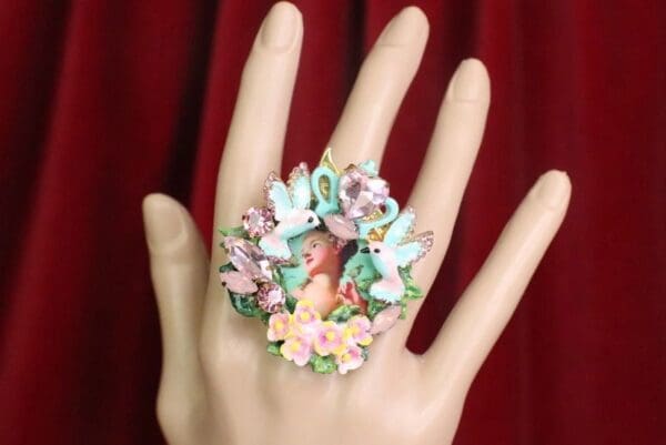 SOLD! 7603 Young Marie Antoinette Hand Painted Birds Aqua Cocktail Adjustable Ring - Image 2