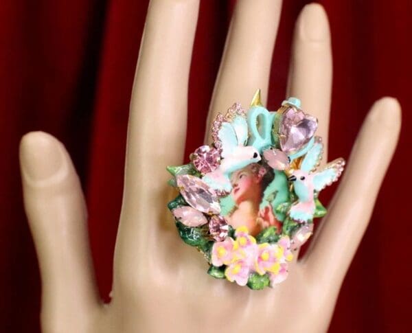 SOLD! 7603 Young Marie Antoinette Hand Painted Birds Aqua Cocktail Adjustable Ring - Image 4