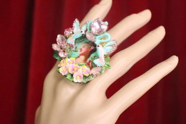 SOLD! 7603 Young Marie Antoinette Hand Painted Birds Aqua Cocktail Adjustable Ring - Image 5