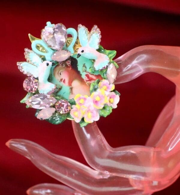 SOLD! 7603 Young Marie Antoinette Hand Painted Birds Aqua Cocktail Adjustable Ring