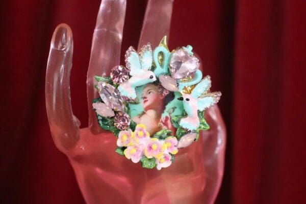 SOLD! 7603 Young Marie Antoinette Hand Painted Birds Aqua Cocktail Adjustable Ring - Image 6