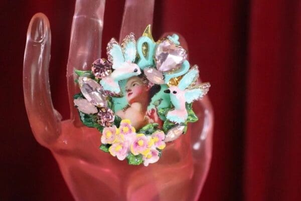 SOLD! 7603 Young Marie Antoinette Hand Painted Birds Aqua Cocktail Adjustable Ring - Image 7