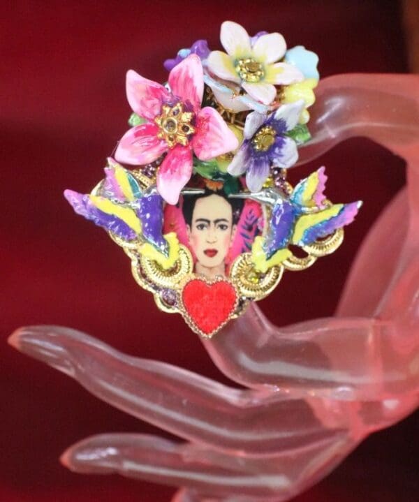 SOLD! 7604 Frida Kahlo Scull Roses Sacred Heart Cocktail Adjustable Ring