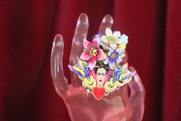SOLD! 7604 Frida Kahlo Scull Roses Sacred Heart Cocktail Adjustable Ring - Image 2
