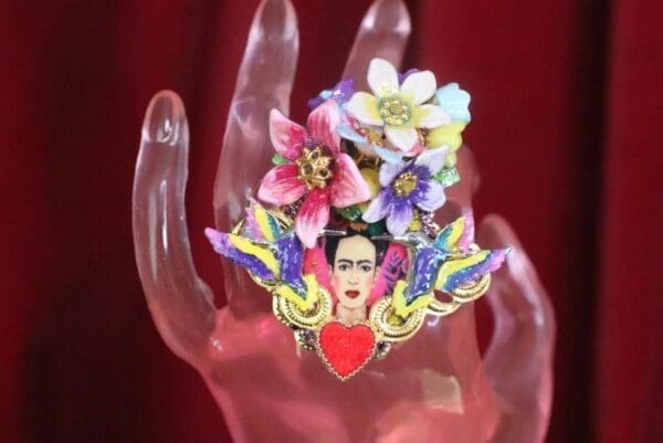 SOLD! 7604 Frida Kahlo Scull Roses Sacred Heart Cocktail Adjustable Ring - Image 3