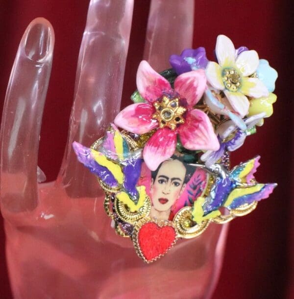 SOLD! 7604 Frida Kahlo Scull Roses Sacred Heart Cocktail Adjustable Ring - Image 4