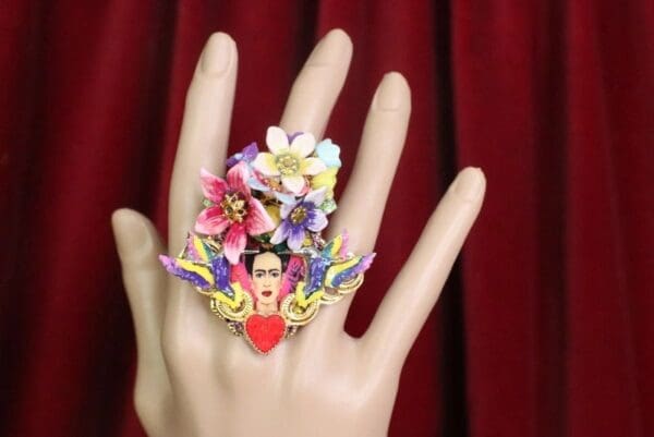 SOLD! 7604 Frida Kahlo Scull Roses Sacred Heart Cocktail Adjustable Ring - Image 5