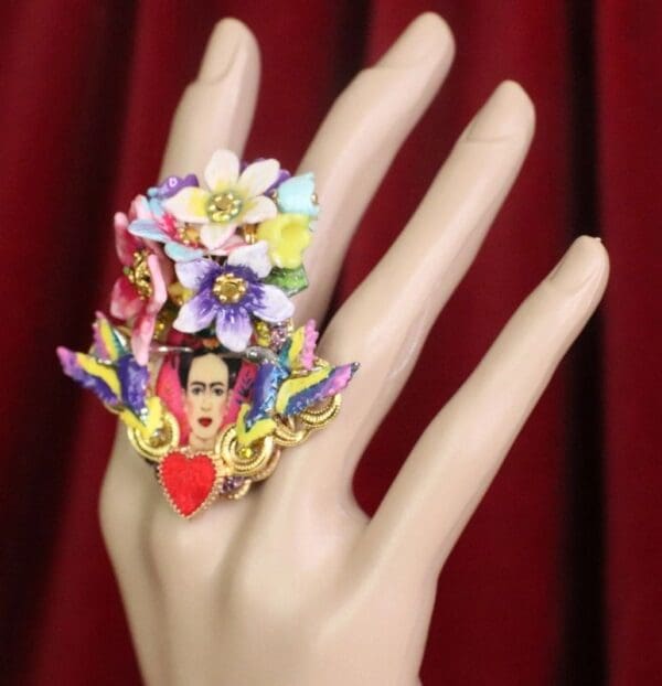 SOLD! 7604 Frida Kahlo Scull Roses Sacred Heart Cocktail Adjustable Ring - Image 6