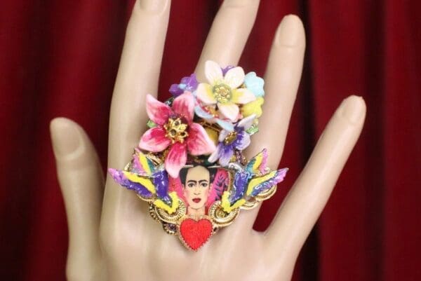 SOLD! 7604 Frida Kahlo Scull Roses Sacred Heart Cocktail Adjustable Ring - Image 7