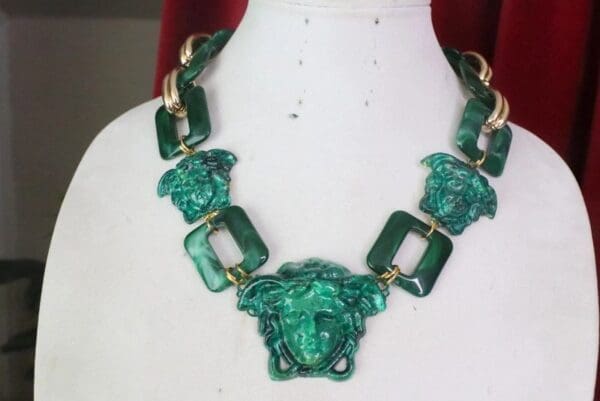 SOLD! 7608 Hand Painted Baroque Malachite Effect Medusa Head Statement Necklace - Image 2