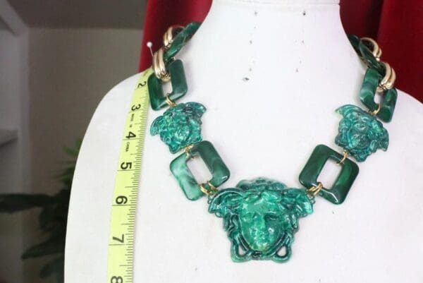 SOLD! 7608 Hand Painted Baroque Malachite Effect Medusa Head Statement Necklace - Image 3