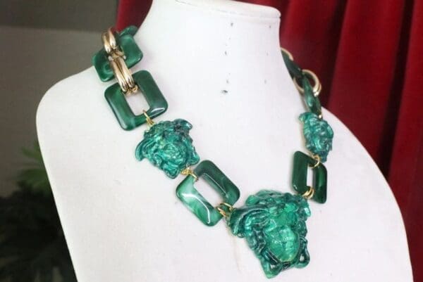SOLD! 7608 Hand Painted Baroque Malachite Effect Medusa Head Statement Necklace - Image 4