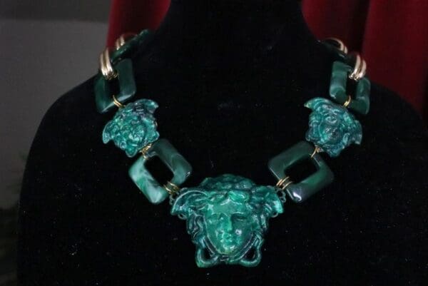 SOLD! 7608 Hand Painted Baroque Malachite Effect Medusa Head Statement Necklace - Image 5
