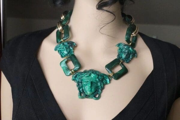 SOLD! 7608 Hand Painted Baroque Malachite Effect Medusa Head Statement Necklace - Image 8