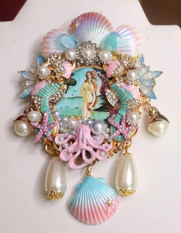 SOLD! 7611 Birth Of Venus Vintage Style Dragons Shell Pink Octopus Huge Stunning Brooch - Image 3