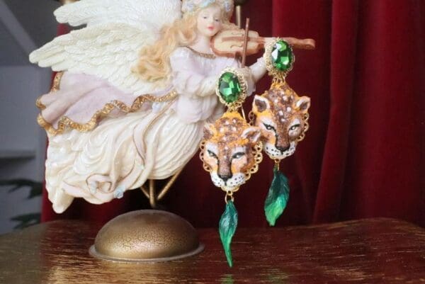 SOLD! 7613 Baroque Hand Painted Vivid Leopard Animal Leaf Earrings - Image 2