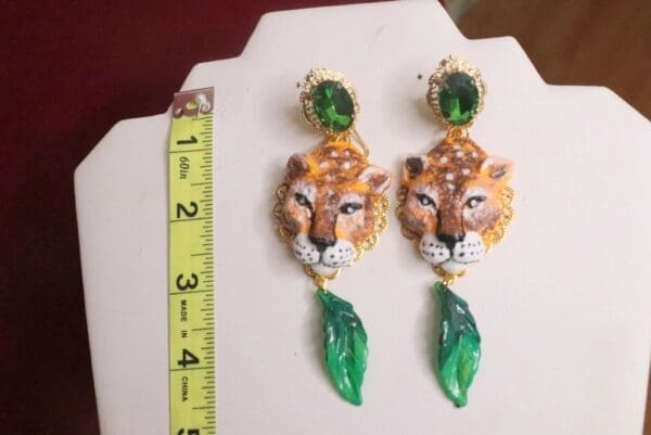 SOLD! 7613 Baroque Hand Painted Vivid Leopard Animal Leaf Earrings - Image 3