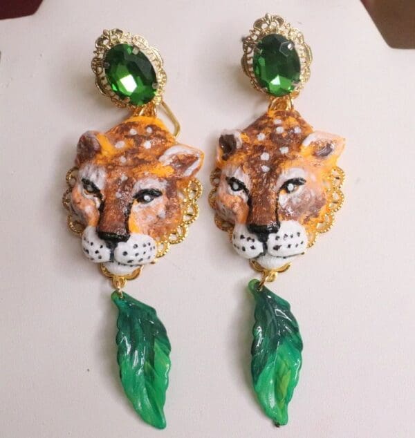 SOLD! 7613 Baroque Hand Painted Vivid Leopard Animal Leaf Earrings - Image 4