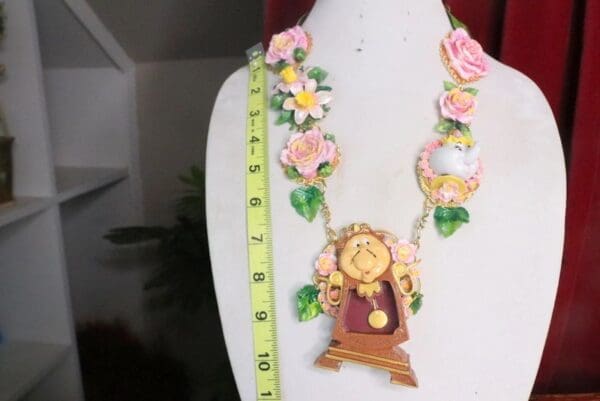 SOLD! 7617 Art Jewelry 3D Effect Beauty And The Beast Beauty Cogsworth Clock Statement Necklace - Image 6