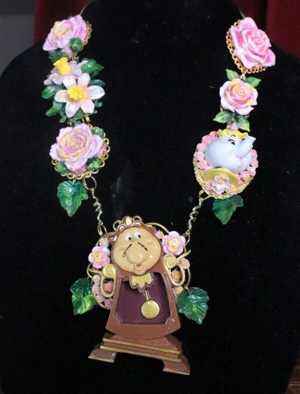 SOLD! 7617 Art Jewelry 3D Effect Beauty And The Beast Beauty Cogsworth Clock Statement Necklace - Image 2