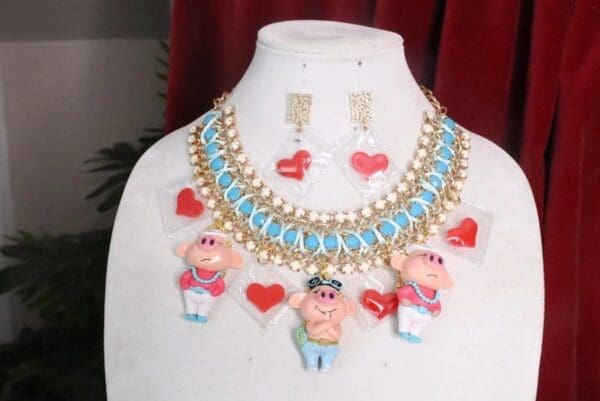 SOLD! 7627 Art Jewelry Set Of Adorable Piggies Bib Massive Necklace - Image 5