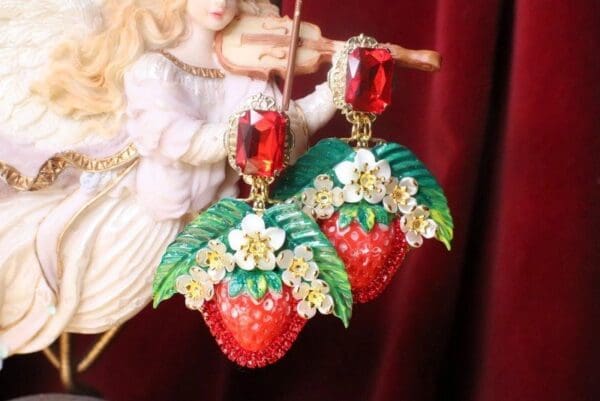 SOLD! 7632 Baroque Hand Painted Strawberry Leaf Earrings