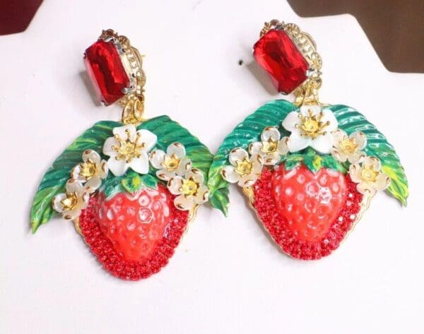 SOLD! 7632 Baroque Hand Painted Strawberry Leaf Earrings - Image 6