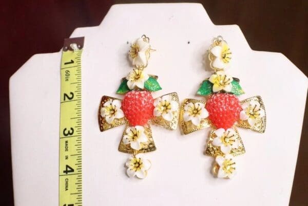 SOLD! 7633 Baroque Hand Painted Strawberry Cross Leaf Earrings - Image 10