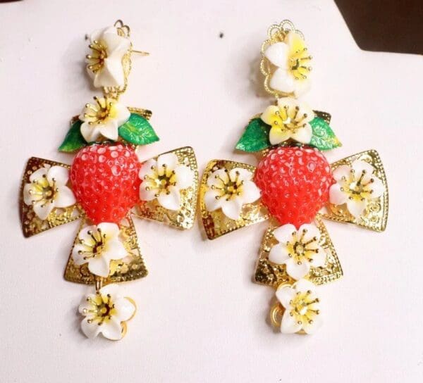 SOLD! 7633 Baroque Hand Painted Strawberry Cross Leaf Earrings - Image 6