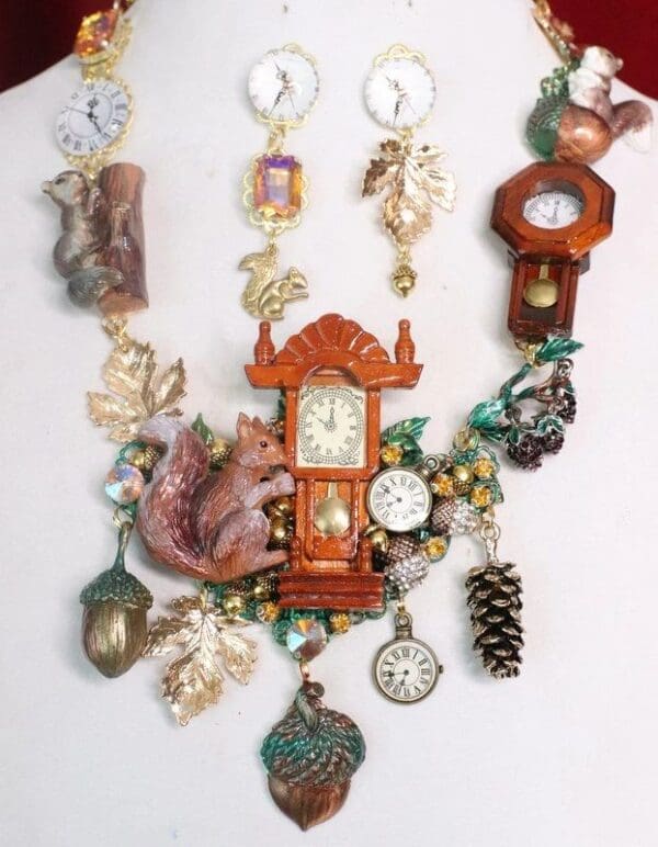 SOLD! 7635 Set Of Art Jewelry 3D Effect Squirrel Clock Oak Necklace+ Earrings - Image 6