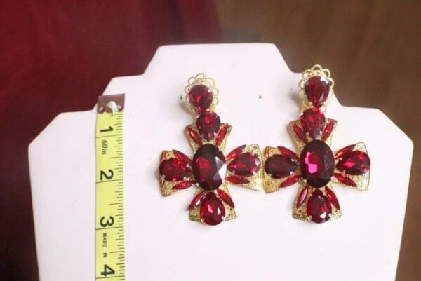 SOLD! 7639 Alta Moda Baroque Red Rhinestones Cross Earrings - Image 5