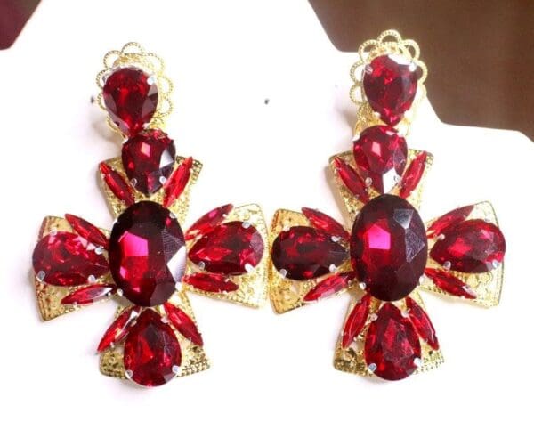 SOLD! 7639 Alta Moda Baroque Red Rhinestones Cross Earrings