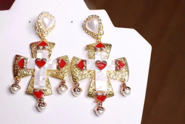 SOLD! 7653 Baroque Genuine Mother Of Pearls Cross Earrings - Image 3