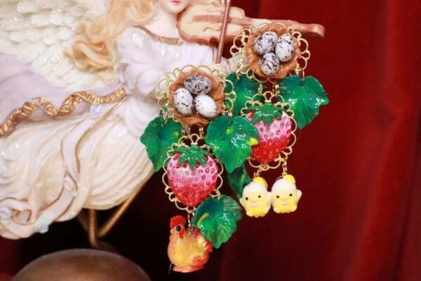 SOLD! 7658 Hand Painted Irregular Chicks Rooster Strawberry Statement Earrings