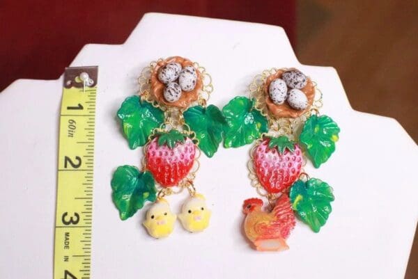 SOLD! 7658 Hand Painted Irregular Chicks Rooster Strawberry Statement Earrings - Image 2