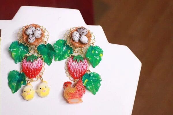 SOLD! 7658 Hand Painted Irregular Chicks Rooster Strawberry Statement Earrings - Image 3