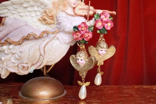 SOLD! 7660 Hand Painted Baroque Cherubs Roses Pearl Statement Earrings - Image 2