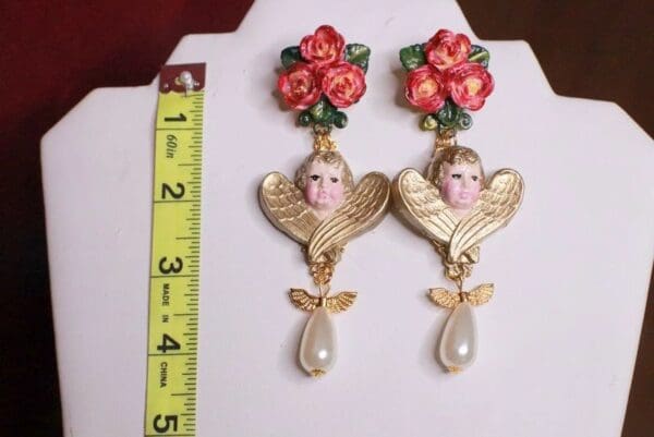 SOLD! 7660 Hand Painted Baroque Cherubs Roses Pearl Statement Earrings - Image 4
