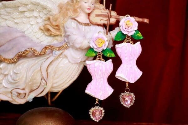 SOLD! 7661 Hand Painted Baroque Corset Roses Statement Earrings - Image 2
