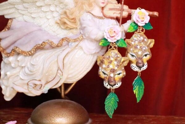 SOLD! 7663 Baroque Rose Hand Painted Vivid Leopard Animal Leaf Earrings - Image 2