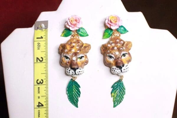SOLD! 7663 Baroque Rose Hand Painted Vivid Leopard Animal Leaf Earrings - Image 4