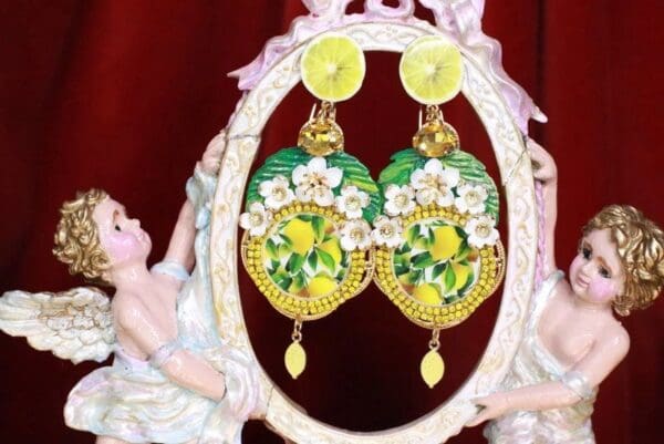 SOLD! 7665 Baroque Sicilian Lemon Cameo Print Long Earrings - Image 2