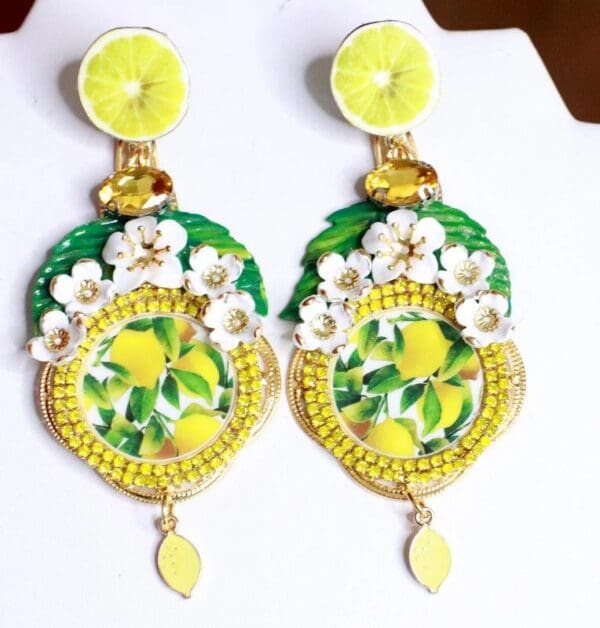 SOLD! 7665 Baroque Sicilian Lemon Cameo Print Long Earrings