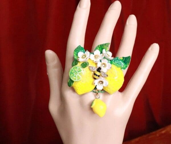 SOLD! 7666 Enamel Baroque Sicilian Lemon Fruit Bee Cocktail Adjustable Ring