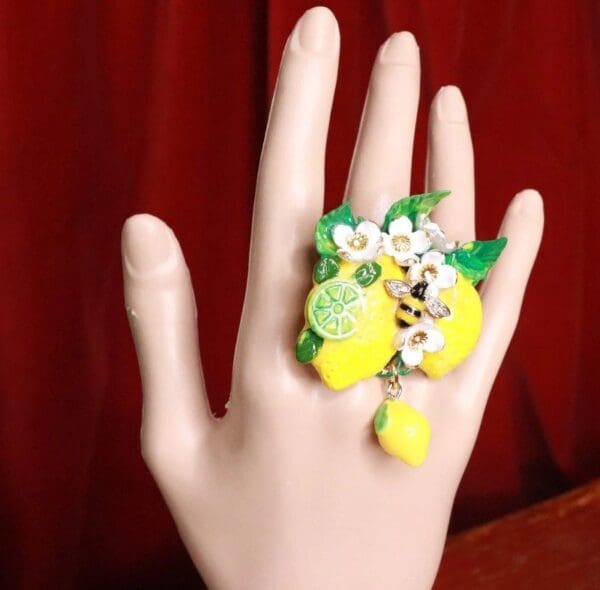 SOLD! 7666 Enamel Baroque Sicilian Lemon Fruit Bee Cocktail Adjustable Ring - Image 3